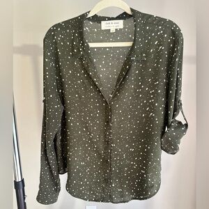 cloth & stone Olive Green Button-Down Blouse with White Dot Print